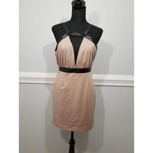 TOBI tan faux leather deep v neck mini dress SZ M
